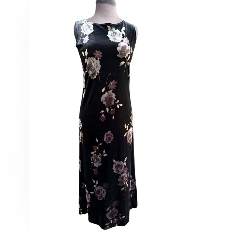 Vtg 90s Floral Velvet Minimalist Midi Dress Womens Size S Whimsigoth Romantic